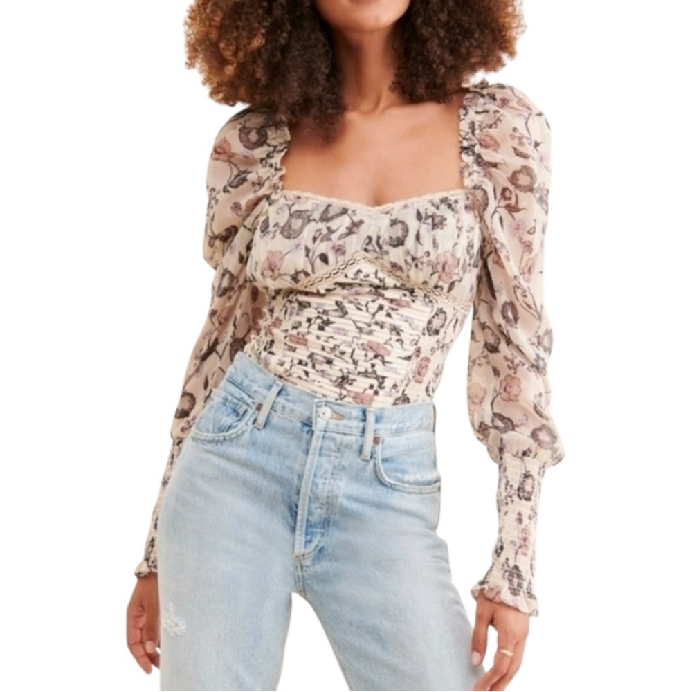 Free People Brunch Date Bodysuit Cream Sheet Puff Sleeve Floral Thong Size Small